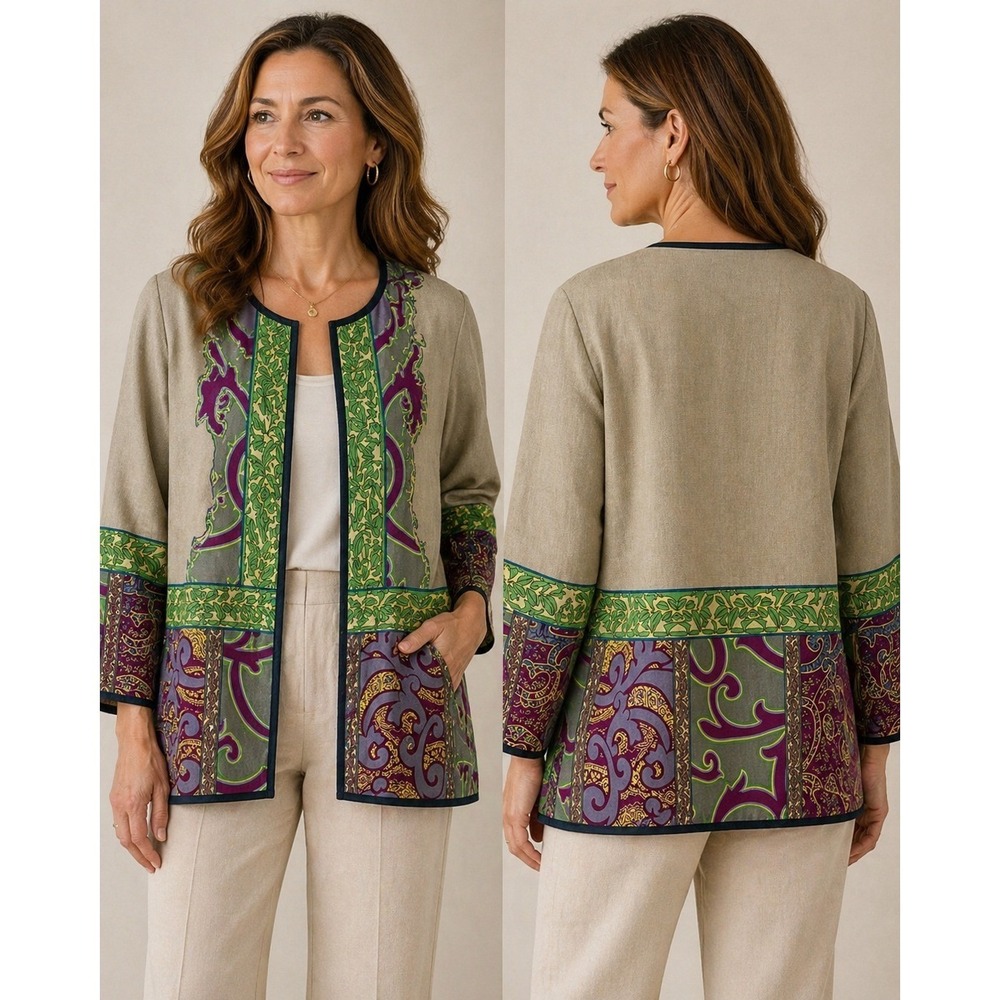Peck & Peck Boho Jacket Linen Blend Floral Artisan Resort Lightweight Jacket M
